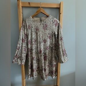 GB Girls Sparkling Sequin Silver & Pink Floral Long-Sleeve Dress Size L